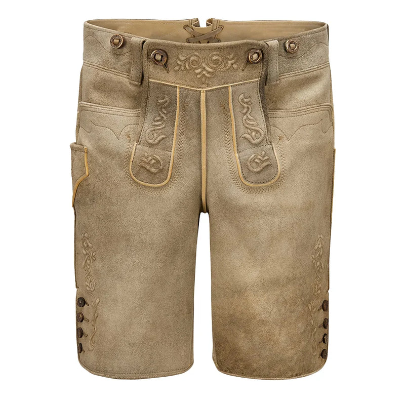 Brown leather shorts with decorative stitching on a white background