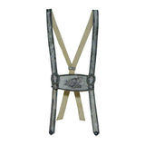 Suspenders with a decorative metal clip on a white background