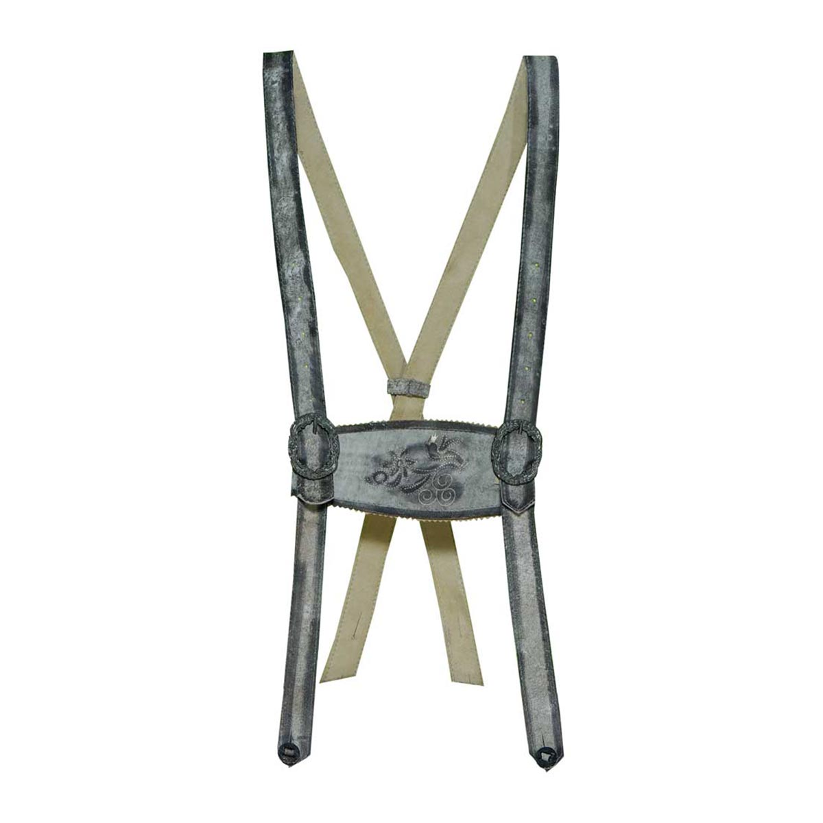 Suspenders with a decorative metal clip on a white background