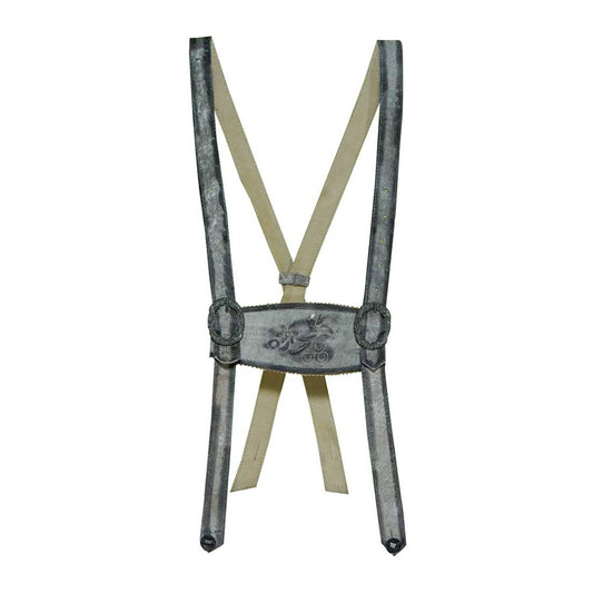 Suspenders with a decorative metal clip on a white background