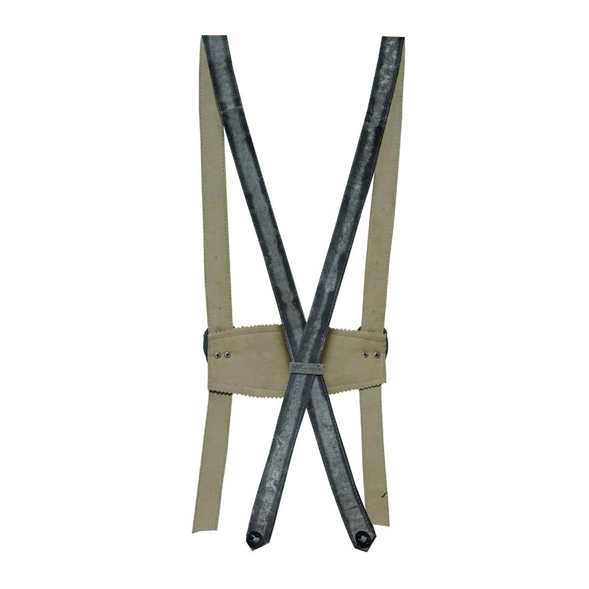 Beige suspenders with black metal clips on a white background