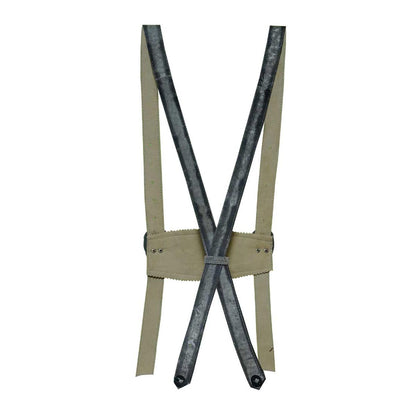 Beige suspenders with black metal clips on a white background