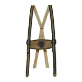 Suspenders with decorative leather strap on a white background