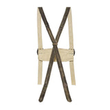 Wooden suspenders with beige straps on a white background