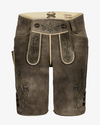 Brown leather shorts with decorative stitching on a white background