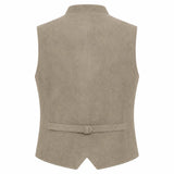 A sleeveless beige vest with a collar and a matching waist tie, shown from the back on a plain white background.