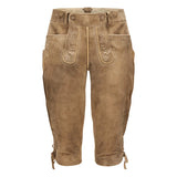 Brown leather pants with decorative stitching on a white background