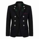 A men's double-breasted blazer in black wool-like fabric, featuring a dark green embroidered collar, green pine-branch embroidery on the lapels, silver-tone decorative buttons, and a thin red accent line on the chest pocket.