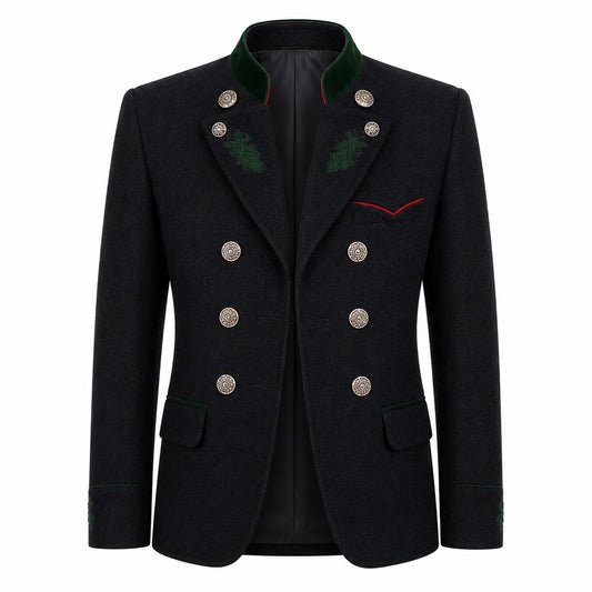 A men's double-breasted blazer in black wool-like fabric, featuring a dark green embroidered collar, green pine-branch embroidery on the lapels, silver-tone decorative buttons, and a thin red accent line on the chest pocket.