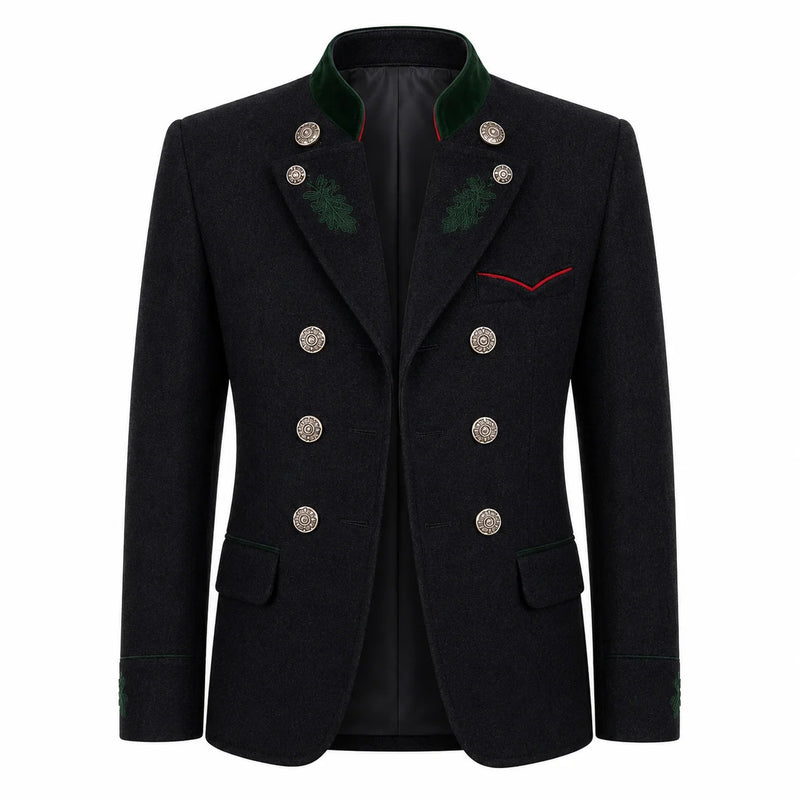 A men's double-breasted blazer in black wool-like fabric, featuring a dark green embroidered collar, green pine-branch embroidery on the lapels, silver-tone decorative buttons, and a thin red accent line on the chest pocket.