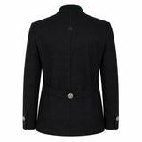 The back view of a dark charcoal gray wool-blend blazer with a structured collar, a single decorative button at the waist, and matching buttons on the cuffs, shown against a plain white background.