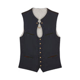 Navy blue vest with gold buttons on a white background