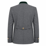 The back view of a gray textured tweed blazer with a dark green collar and gold button accents, shown on a plain white background.