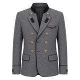 A men's double-breasted blazer in textured gray wool with gold-tone buttons, a black mandarin collar, and decorative black embroidery on the lapels and chest pocket flap.