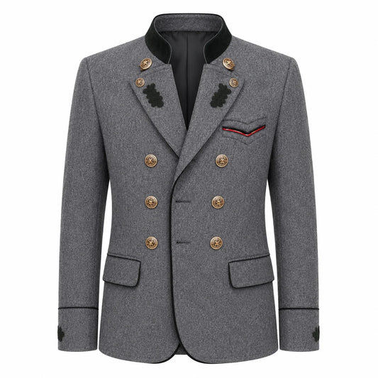 A men's double-breasted blazer in textured gray wool with gold-tone buttons, a black mandarin collar, and decorative black embroidery on the lapels and chest pocket flap.
