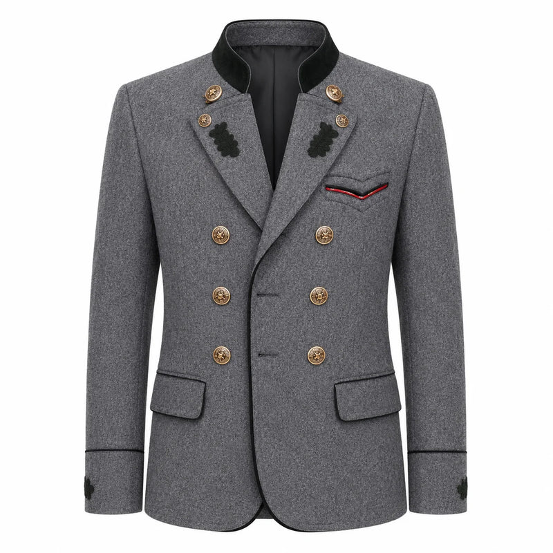 A men's double-breasted blazer in textured gray wool with gold-tone buttons, a black mandarin collar, and decorative black embroidery on the lapels and chest pocket flap.