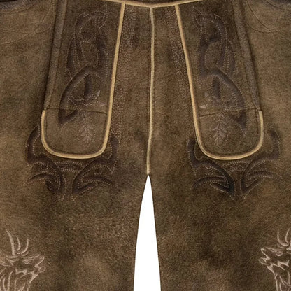 Brown leather pants with intricate stitching and decorative elements on a white background
