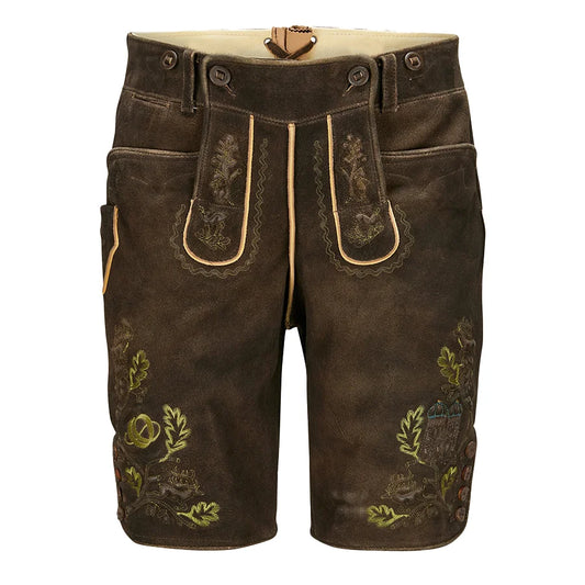 Brown shorts with floral embroidery on a white background