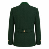 A dark green wool blazer shown from the back, featuring a single gold button at the waist and matching gold buttons on the cuffs, set against a plain white background.