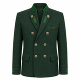 A dark green double-breasted blazer with gold buttons, green embroidered leaf details on the lapels and cuffs, and a red embroidered chevron on the chest pocket flap, shown against a plain white background.
