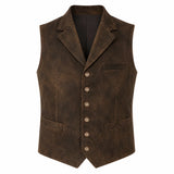 A dark brown textured vest with a five-button front closure, notch lapels, and welt pockets, shown on a plain white background.