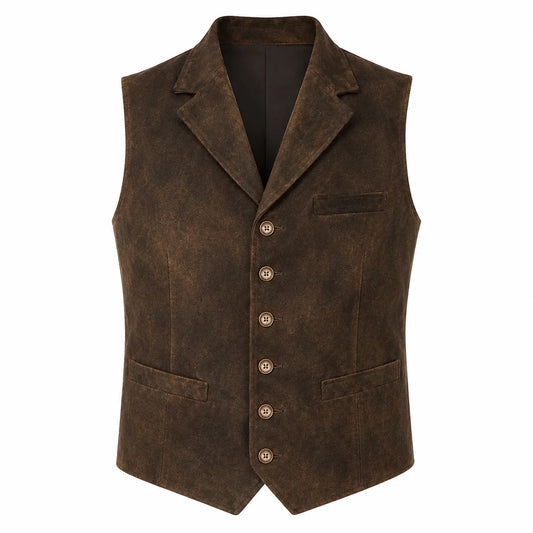 A dark brown textured vest with a five-button front closure, notch lapels, and welt pockets, shown on a plain white background.
