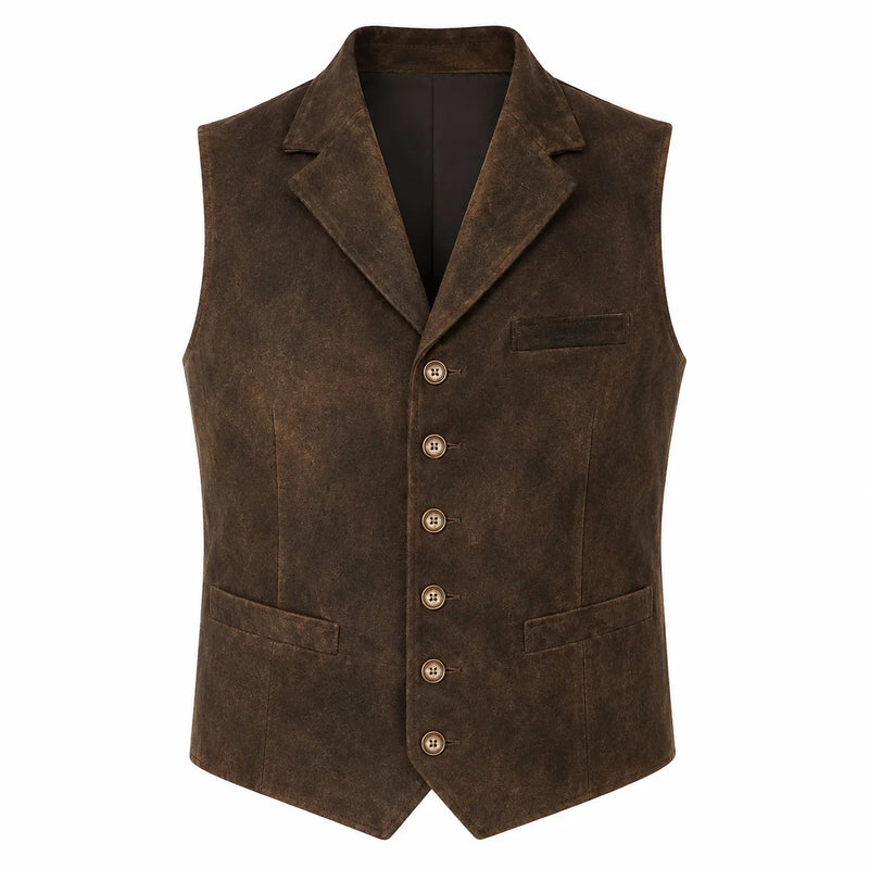 A dark brown textured vest with a five-button front closure, notch lapels, and welt pockets, shown on a plain white background.