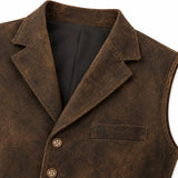 Close-up of a brown textured vest with a black lining, showing the collar, front buttons, and a chest pocket on a white background.