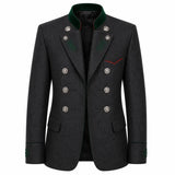 A dark gray double-breasted blazer with a green velvet collar, silver buttons, and green embroidered details on the chest and cuffs, shown against a plain white background.