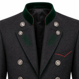 Close-up of a dark gray textured double-breasted coat with a green velvet collar, silver buttons, and red piping details.