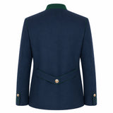 The back view of a navy blue blazer with dark green piping and collar, featuring a single gold button on the waist and sleeve cuffs, set against a plain white background.