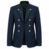 A men's double-breasted blazer in navy blue, featuring green embroidered oak leaves on the lapels and cuffs, gold buttons, and a green collar, shown against a plain white background.