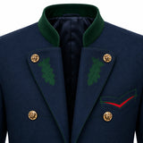 Close-up of a navy double-breasted blazer with a dark green peak collar, green embroidered oak leaf details on the lapels, gold buttons, and a red accent line on the chest pocket.