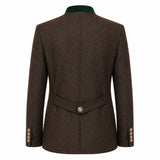 A dark brown textured tweed blazer shown from the back, featuring a contrasting dark green collar, a buttoned waist flap, and decorative gold buttons on the cuffs.