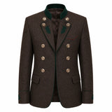A men's double-breasted blazer in dark brown textured tweed, featuring a dark green ribbed knit collar, green embroidered leaf details on the shoulders, and gold-tone buttons.