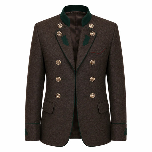 A men's double-breasted blazer in dark brown textured tweed, featuring a dark green ribbed knit collar, green embroidered leaf details on the shoulders, and gold-tone buttons.