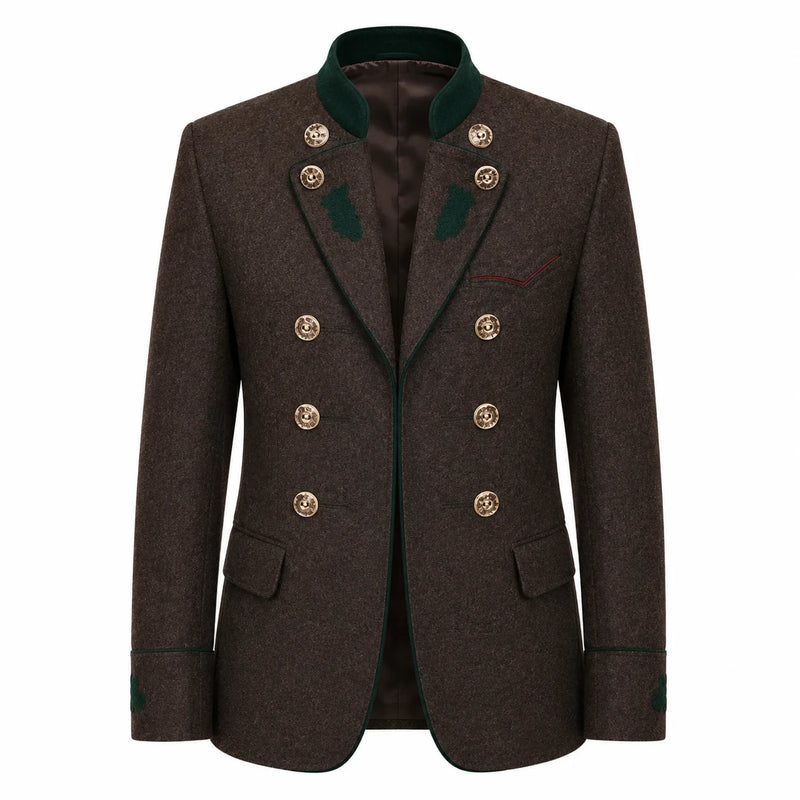 A men's double-breasted blazer in dark brown textured tweed, featuring a dark green ribbed knit collar, green embroidered leaf details on the shoulders, and gold-tone buttons.