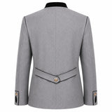 A light gray textured blazer shown from the back, featuring a structured collar, a matching waist belt with a decorative gold-tone button, and buttoned cuffs.