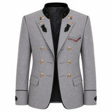 A men's double-breasted blazer in heather gray wool with black trim, gold buttons, and decorative black embroidered details on the lapels and chest pocket flap, shown on a plain white background.