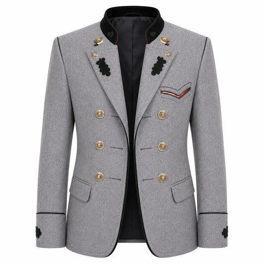 A men's double-breasted blazer in heather gray wool with black trim, gold buttons, and decorative black embroidered details on the lapels and chest pocket flap, shown on a plain white background.