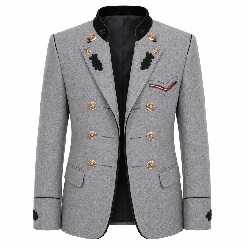 A men's double-breasted blazer in heather gray wool with black trim, gold buttons, and decorative black embroidered details on the lapels and chest pocket flap, shown on a plain white background.