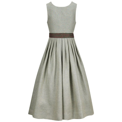 Green checkered dress with a brown belt on a white background