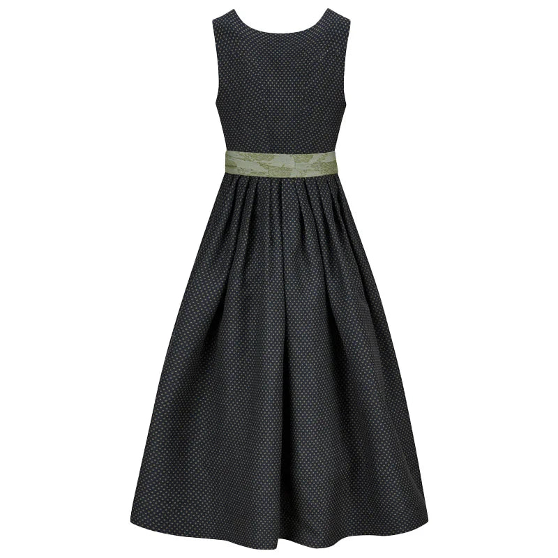 Black patterned dress with a green belt on a white background