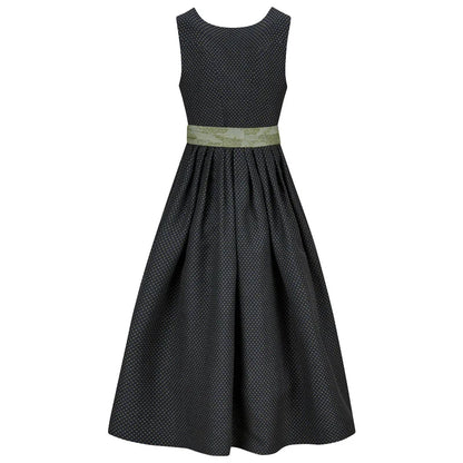 Black patterned dress with a green belt on a white background