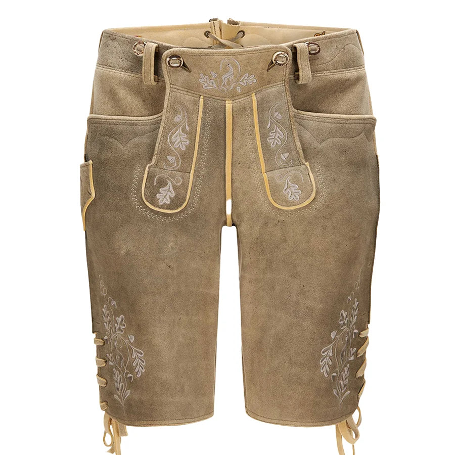 Brown leather shorts with floral embroidery on a white background
