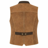 A brown suede vest shown from the back, featuring a dark brown collar and waist belt with two decorative buttons, set against a plain white background.
