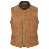 A brown suede-like waistcoat vest with a dark brown collar, decorative metal buttons down the front, and two front flap pockets, shown on a plain white background.