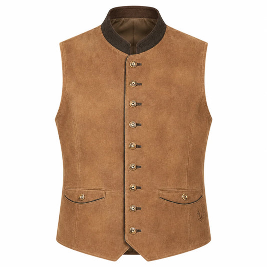A brown suede-like waistcoat vest with a dark brown collar, decorative metal buttons down the front, and two front flap pockets, shown on a plain white background.