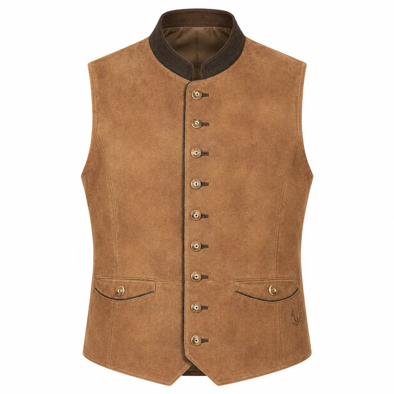 A brown suede-like waistcoat vest with a dark brown collar, decorative metal buttons down the front, and two front flap pockets, shown on a plain white background.