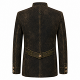 A dark brown distressed faux-leather blazer shown from the back, featuring a central button closure, decorative belt detail with a button, and buttoned cuffs.